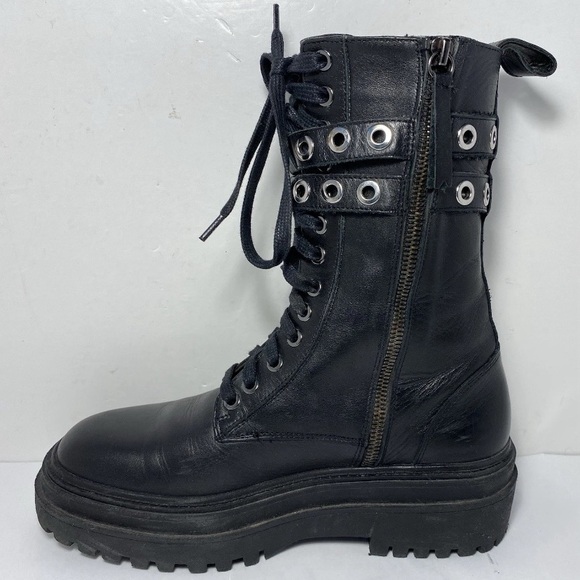 ZARA Black Leather Combat Boots Double Buckle Grommet Lace Up Lug Sole Size 7.5 - Picture 8 of 16